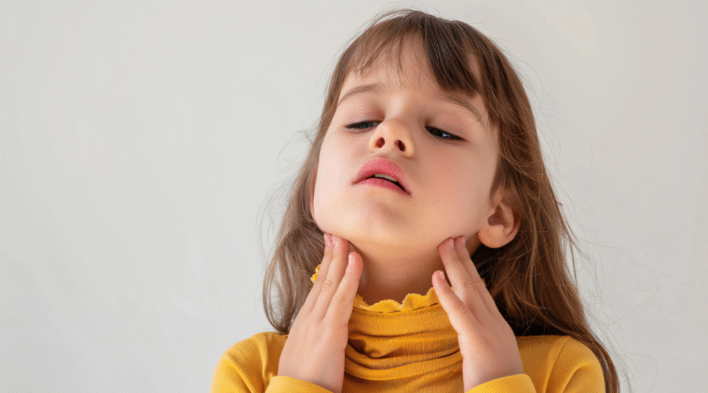 Cirurgia das amígdalas: menina com as mãos na região da garganta.